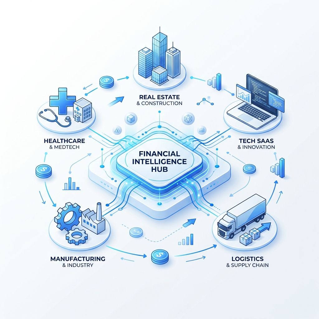 Interconnected business ecosystem surrounded by industry specialization